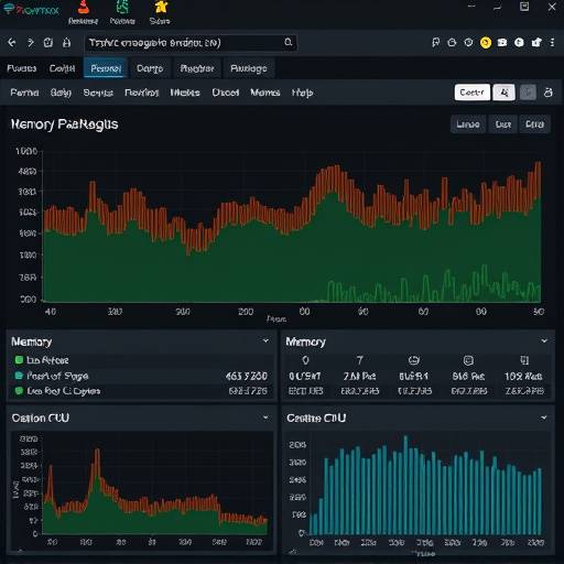Screenshot of Proxmox VE web interface displaying CPU utilization, memory usage, disk I/O, and network traffic graphs. The graphs show real-time performance data, allowing administrators to identify potential bottlenecks and performance issues.